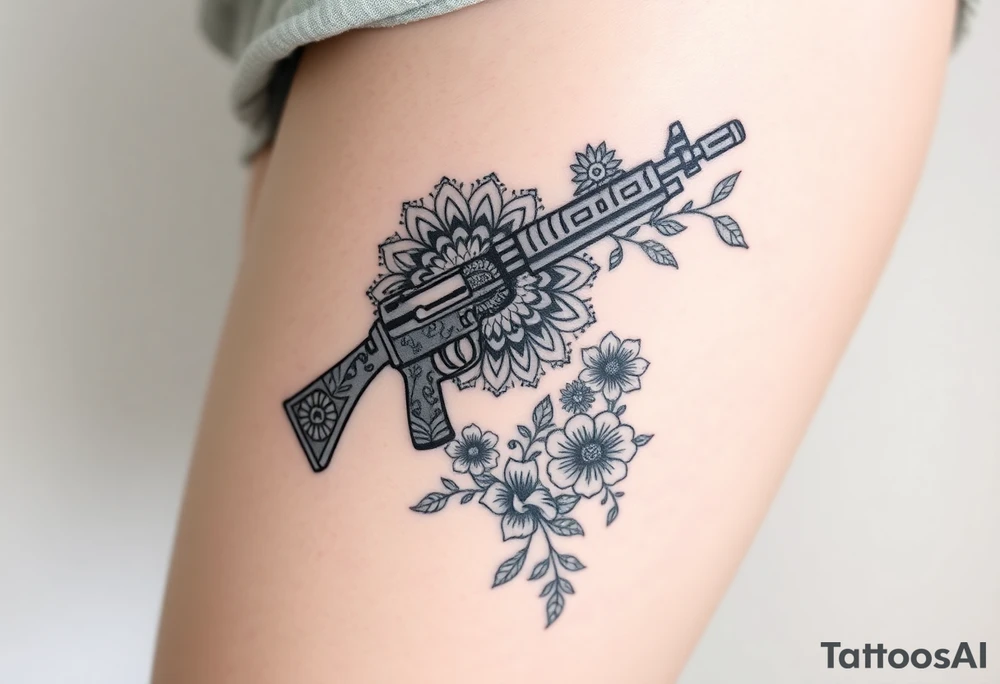 Gun mandala and flowers tattoo idea