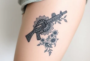 Gun mandala and flowers tattoo idea