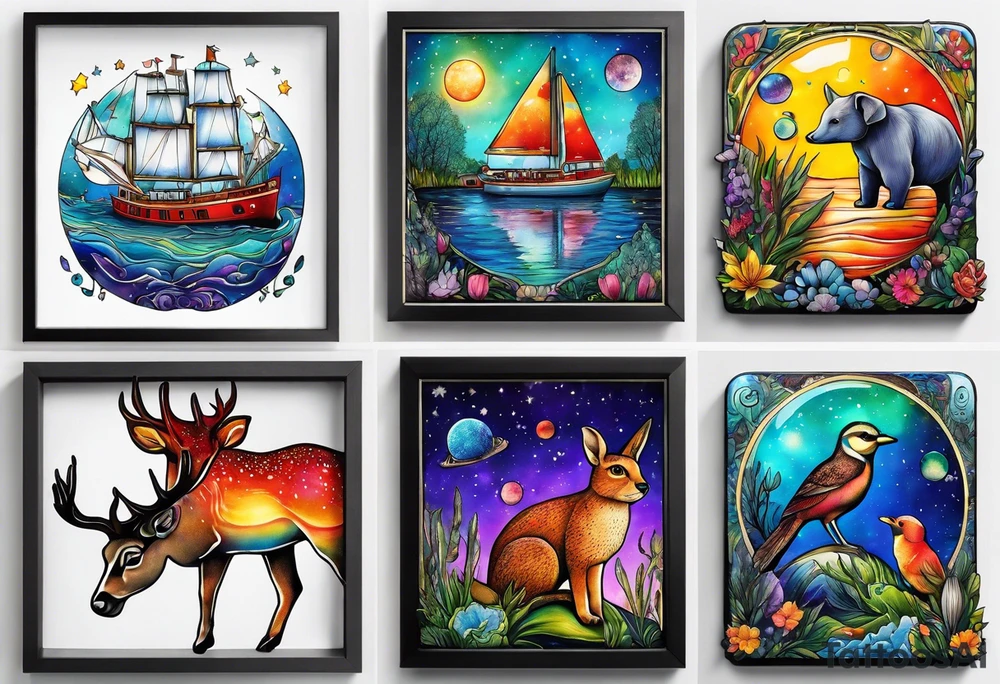 Glass animals and wildlife in Amsterdam canal in space featuring galaxy colours featuring Animals made from glass tattoo idea