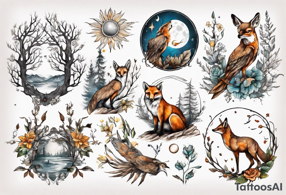 wasser, sonne, mond, fuchs, eule kolibri, wald, hirsch, blume des lebens, 
baum, berlin tattoo idea