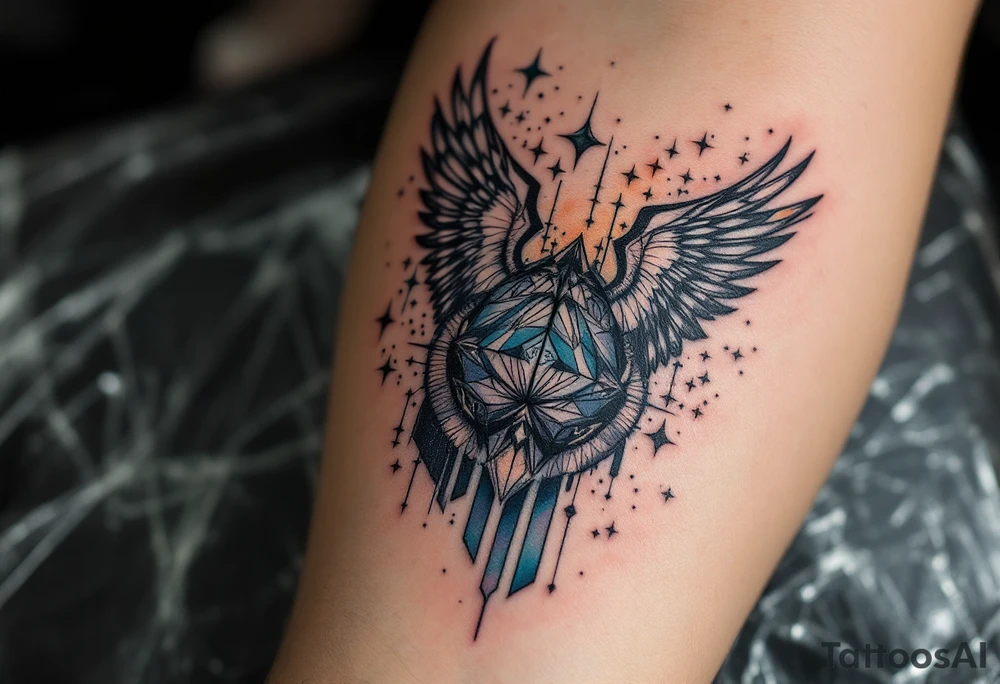 Tattoo inspired in the creativity of a gifted brain, with few watercolor details but mostly black, symbols flying arround, the phrase "It begins with a dream", and wings behind tattoo idea