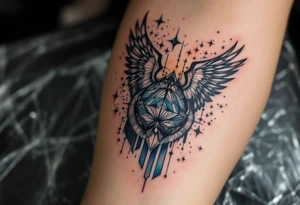 Tattoo inspired in the creativity of a gifted brain, with few watercolor details but mostly black, symbols flying arround, the phrase "It begins with a dream", and wings behind tattoo idea