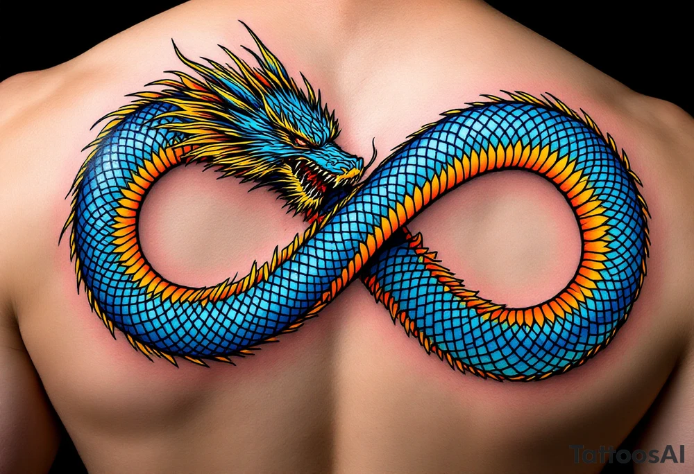 The design features a dragon coiled into the shape of the infinity symbol (sideways number "8"). The dragon is depicted eating its own tail, symbolizing eternity and continuity (Ouroboros-inspired).

Details:

The dragon's body should be slightly thicker for a more powerful and robust look.
Its vibrant blue scales should include subtle patterns in red and yellow, creating a striking contrast while maintaining elegance.
Style:

The dragon’s texture should remain smooth and glossy, emphasizing its detailed scales and flowing form.
The focus is entirely on the dragon, keeping the background minimalistic for a clean, modern aesthetic. tattoo idea