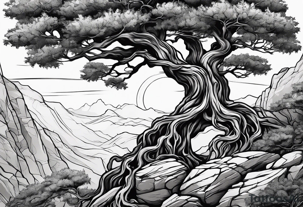 Tree growing out of stone cliff with roots growing in between cracks tattoo idea