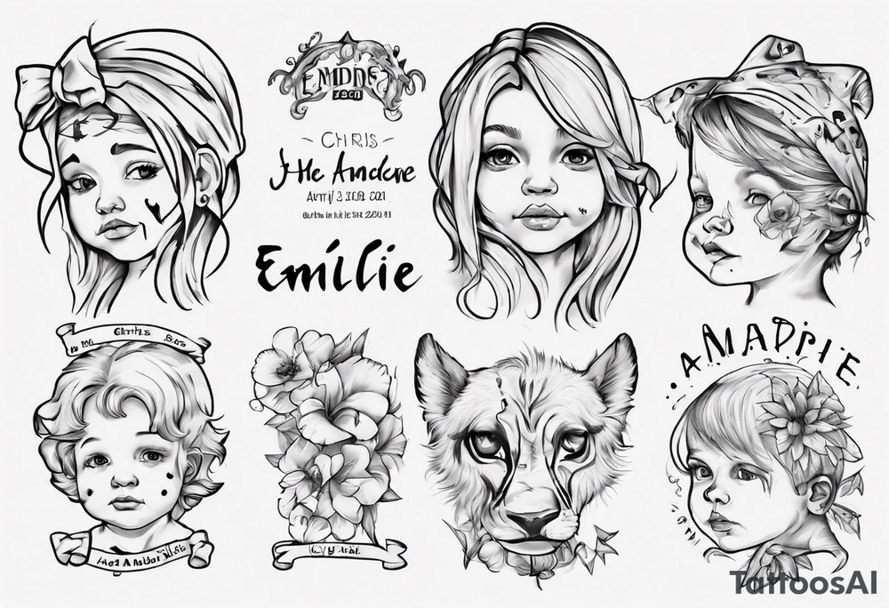 tattoo with names of kids, the names are Chris André, he is a boy and he is born 23. April 2016, and the other kid is named Emilie, she is a girl and is born 27. march 2021. tattoo idea