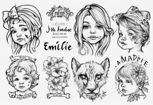 tattoo with names of kids, the names are Chris André, he is a boy and he is born 23. April 2016, and the other kid is named Emilie, she is a girl and is born 27. march 2021. tattoo idea