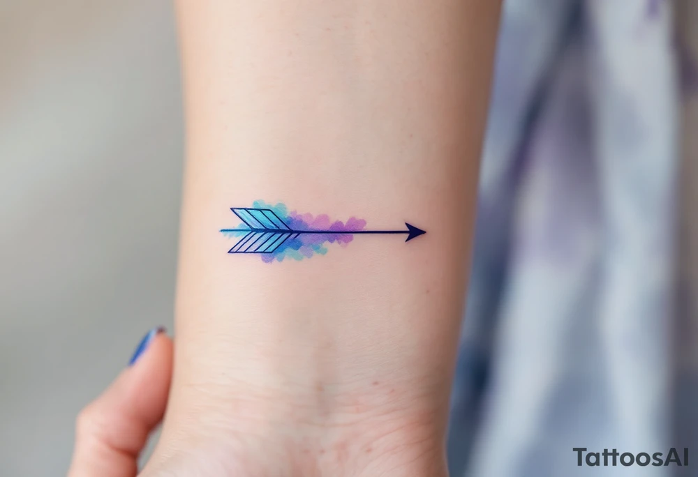 A thin, geometric arrow in soft watercolor shades of blue and purple, creating a dreamy, ethereal effect. tattoo idea