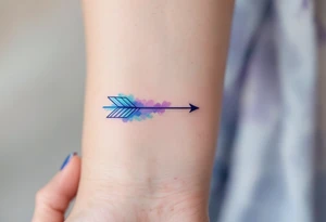 A thin, geometric arrow in soft watercolor shades of blue and purple, creating a dreamy, ethereal effect. tattoo idea