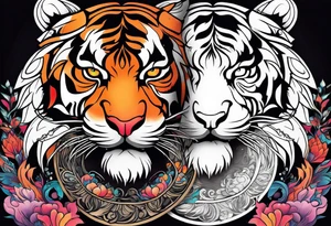 tiger on shoulder and dragon on bicep ying yang contrast tattoo idea