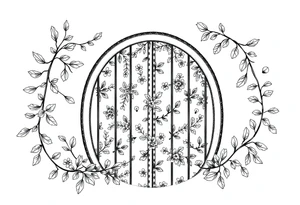 rounded gate filled with a floral pattern containing symbols and icons for christmas, winter, mistletoe, oklive branches tattoo idea