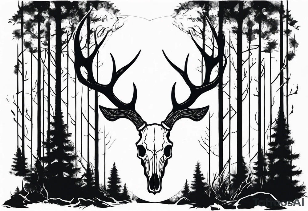 A side view of decayed deer skull surrounded by trees and fire tattoo idea