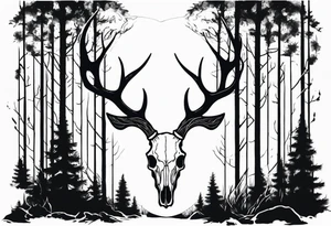 A side view of decayed deer skull surrounded by trees and fire tattoo idea
