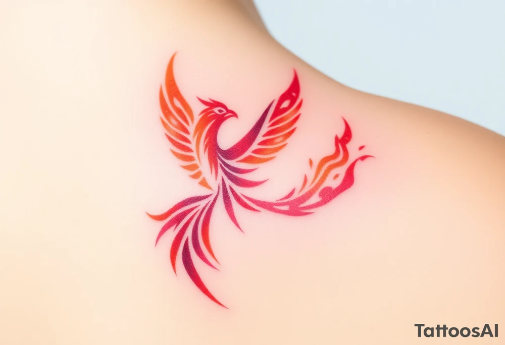 Phoenix rising from the ashes with the colors red, pink, orange and purple. Size 3 cm wide and 5 cm high tattoo idea