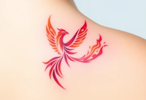 Phoenix rising from the ashes with the colors red, pink, orange and purple. Size 3 cm wide and 5 cm high tattoo idea