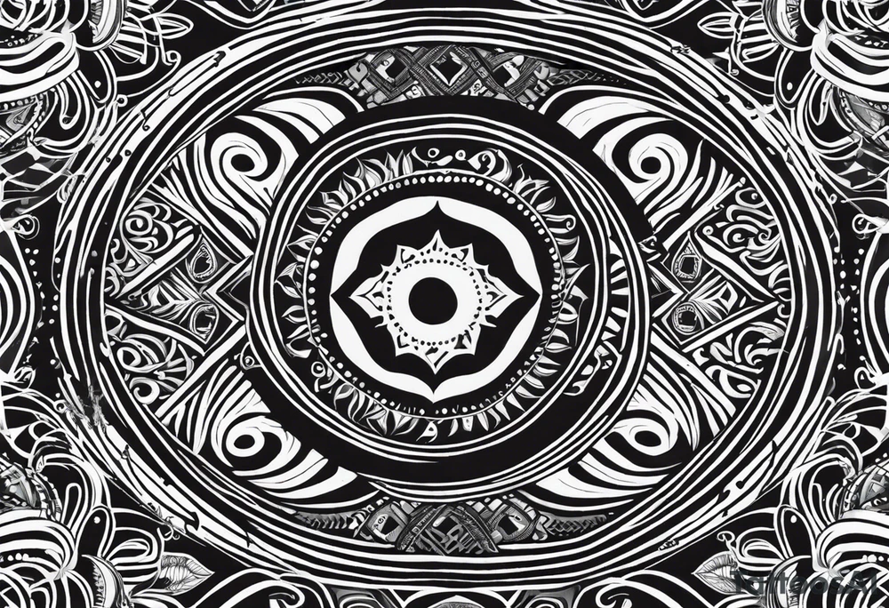 Tatouage ornement noir et blanc. Forme géométrique en longueur avec quelques petit signes aborigène australiens désignant les kangourous et la vie. Puis dessiner un soleil, des vagues. Ainsi que  des feuilles provenant d’Australie et de  Bali. Lignes très fines. tattoo idea