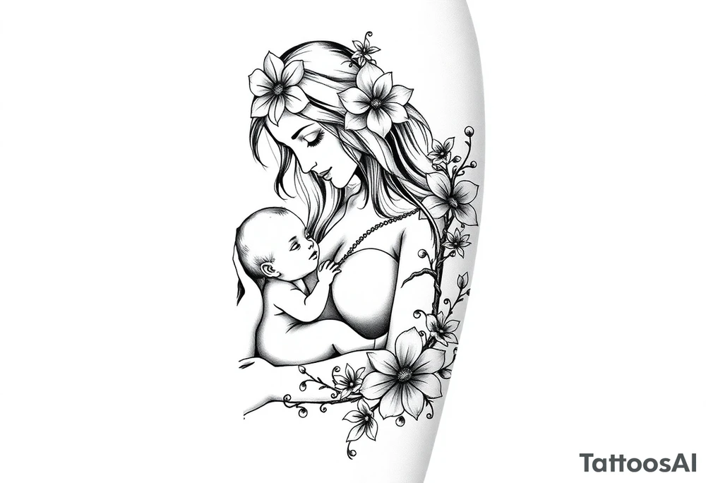 Mère assise  qui allaite son bébé, la mère à une fleur de lys sur la tête et des racines d’arbre de vie. Ils sont entourée d’une coquille d’œuf et de fleur tattoo idea