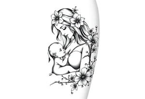 Mère assise  qui allaite son bébé, la mère à une fleur de lys sur la tête et des racines d’arbre de vie. Ils sont entourée d’une coquille d’œuf et de fleur tattoo idea