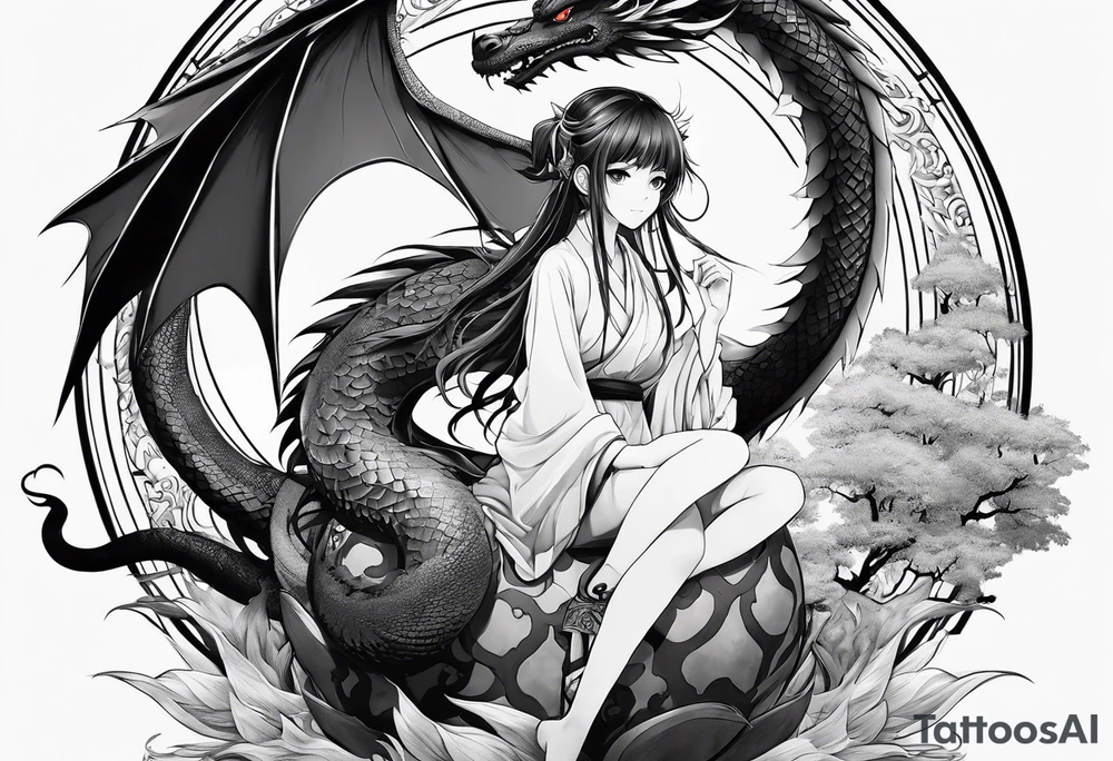 a full shot of an anime girl seen from far, sitting on a ball and surrounded by asian dragon with wings tattoo idea
