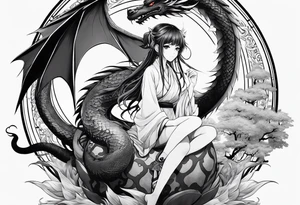 a full shot of an anime girl seen from far, sitting on a ball and surrounded by asian dragon with wings tattoo idea