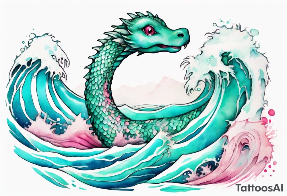a beautiful Nessie with turquoise and pink scales emerging from the waves tattoo idea