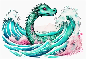 a beautiful Nessie with turquoise and pink scales emerging from the waves tattoo idea