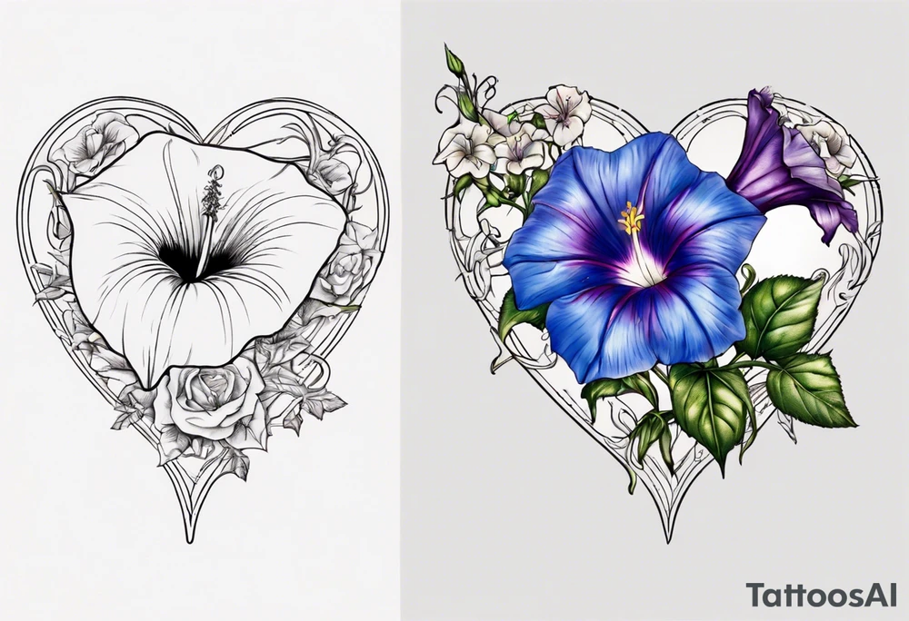 Morning glory and larkspur outlining a heart tattoo idea