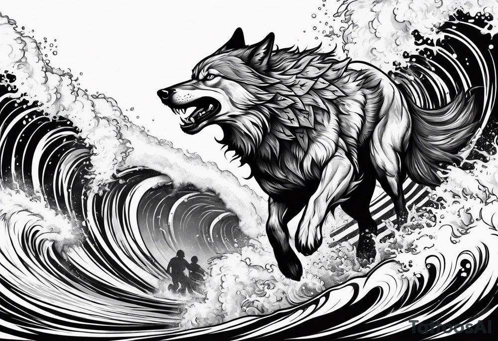 a pack muscular of wolves surfing tattoo idea