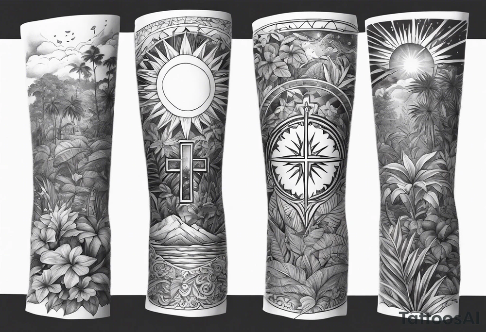 arm sleeve tattoo with the solar cross surrounded by jungle plants tattoo idea