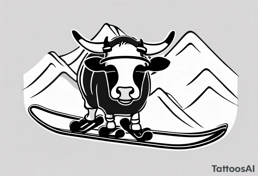 Generate a minimalist and simple black and white tattoo design featuring a joyful cow snowboarding, wearing goggles. Focus on essential lines and details to convey the playful spirit of the scene. The cow should exude confidence while effortlessly snowboarding down a snowy slope. Keep the design clean and uncluttered, suitable for a small to medium-sized tattoo space. Emphasize the charm and whimsy with the addition of goggles, ensuring the overall aesthetic remains simple and minimalistic. The goal is to create a visually appealing and easily recognizable tattoo that captures the essence of a cow enjoying a snowboarding adventure tattoo idea