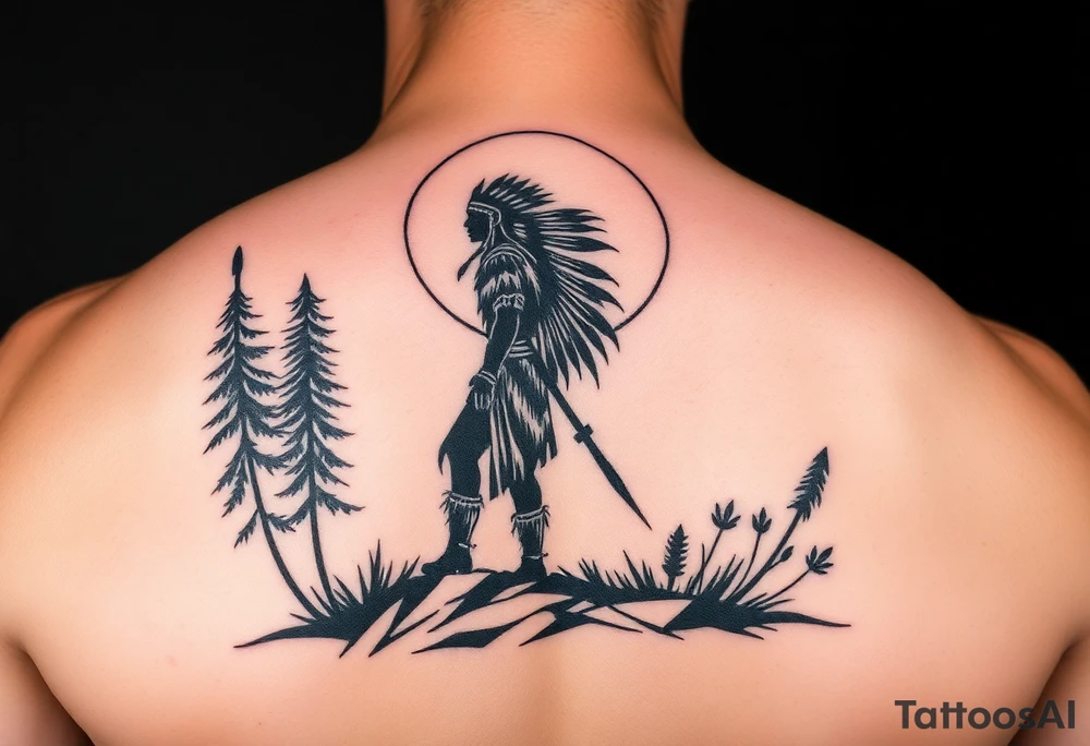 Native american warriors silhouette in moonlight in nature tattoo idea