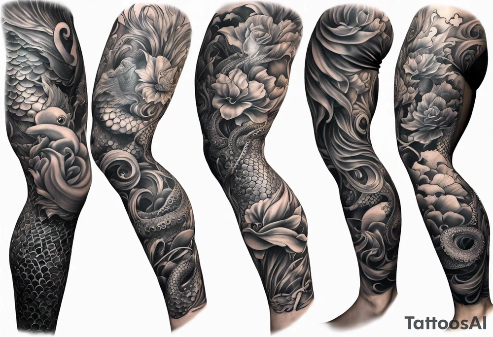 Leg sleeve with mermaid and octopus tattoo idea