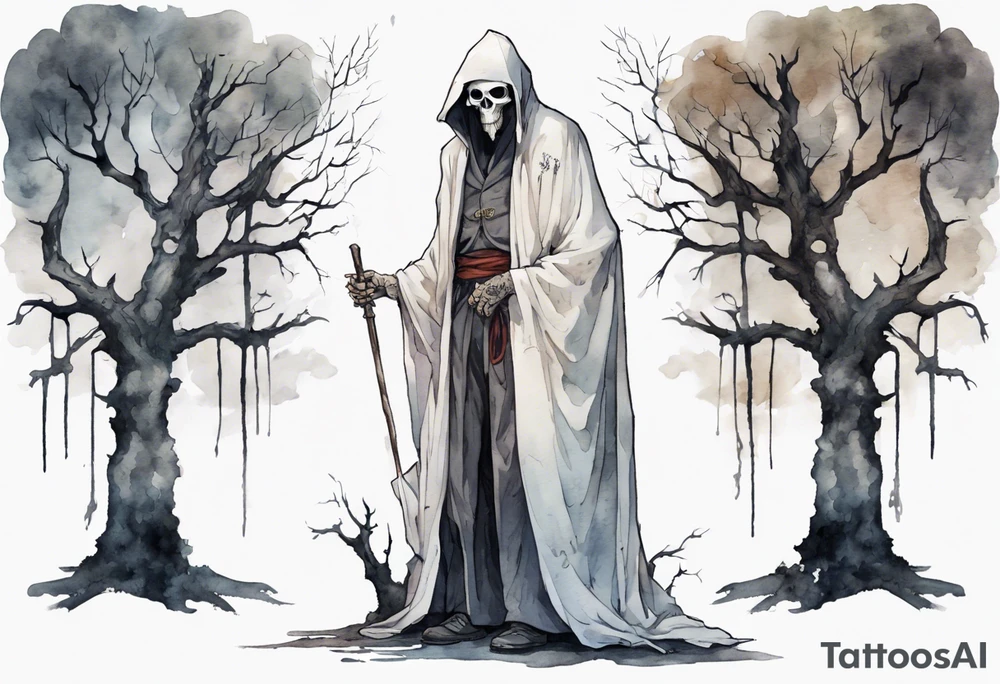 a thin medieval man in a white cloak wearing a skull mask, standing alone in a gloomy place with dead trees tattoo idea