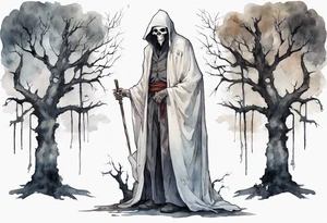 a thin medieval man in a white cloak wearing a skull mask, standing alone in a gloomy place with dead trees tattoo idea