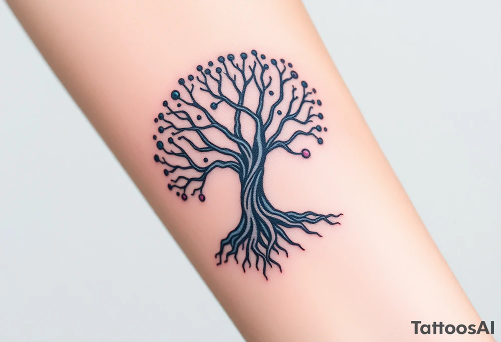 mystical tree of life with cosmic roots and celestial branches tattoo idea