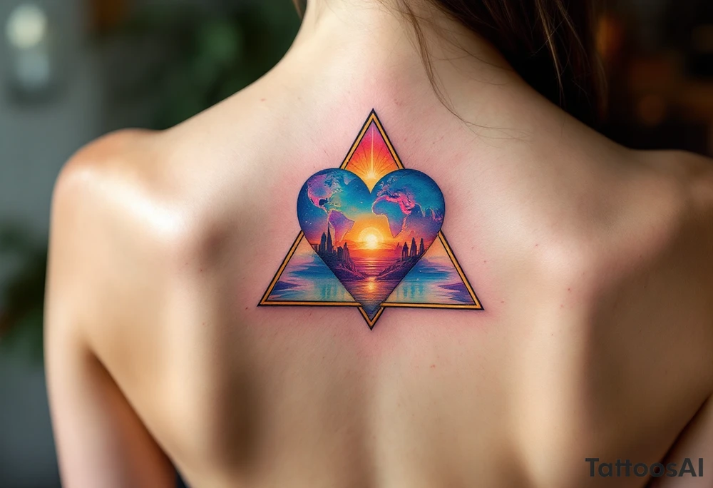 A triangle with a big heart in the center with a world travel theme tattoo idea