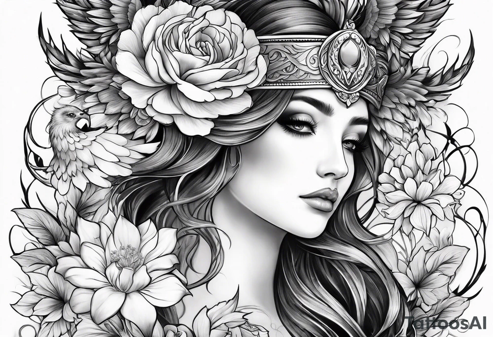 Sleeve with Libra and Phoenix with flowers tattoo idea