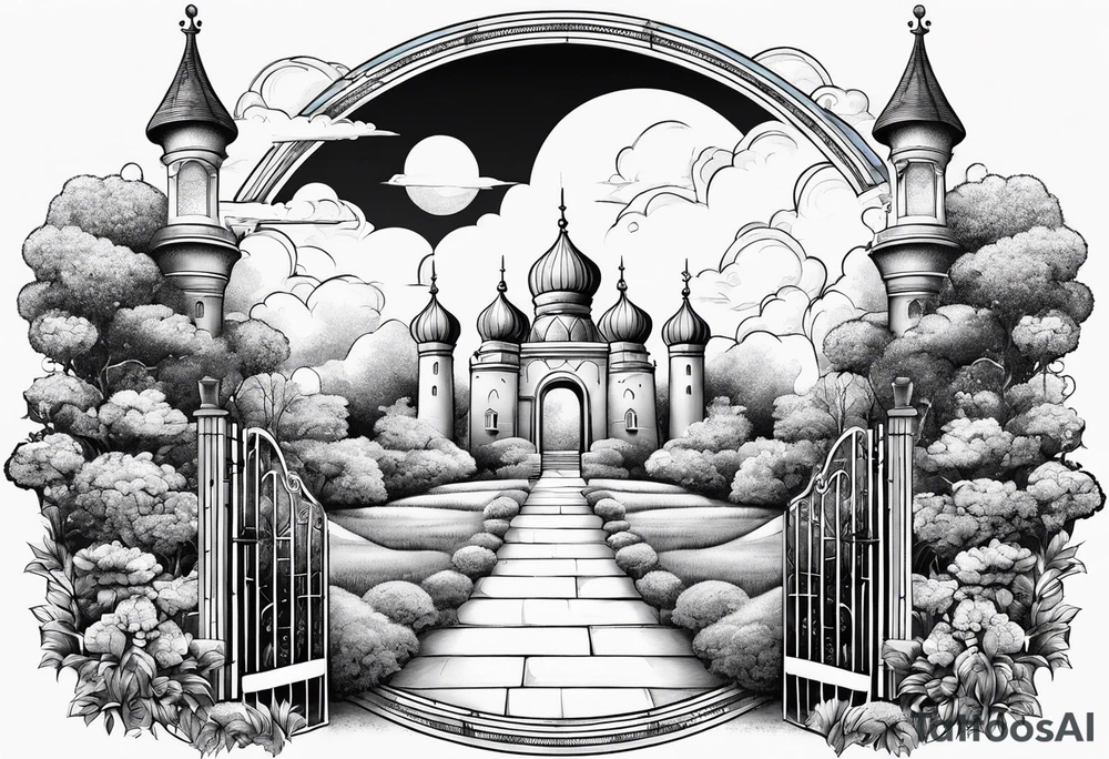 sky town garden with towers small houses gate entrance
in circle white clouds vignette tattoo idea