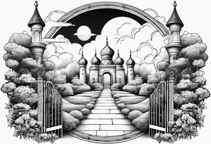 sky town garden with towers small houses gate entrance 
 in circle white clouds  vignette tattoo idea