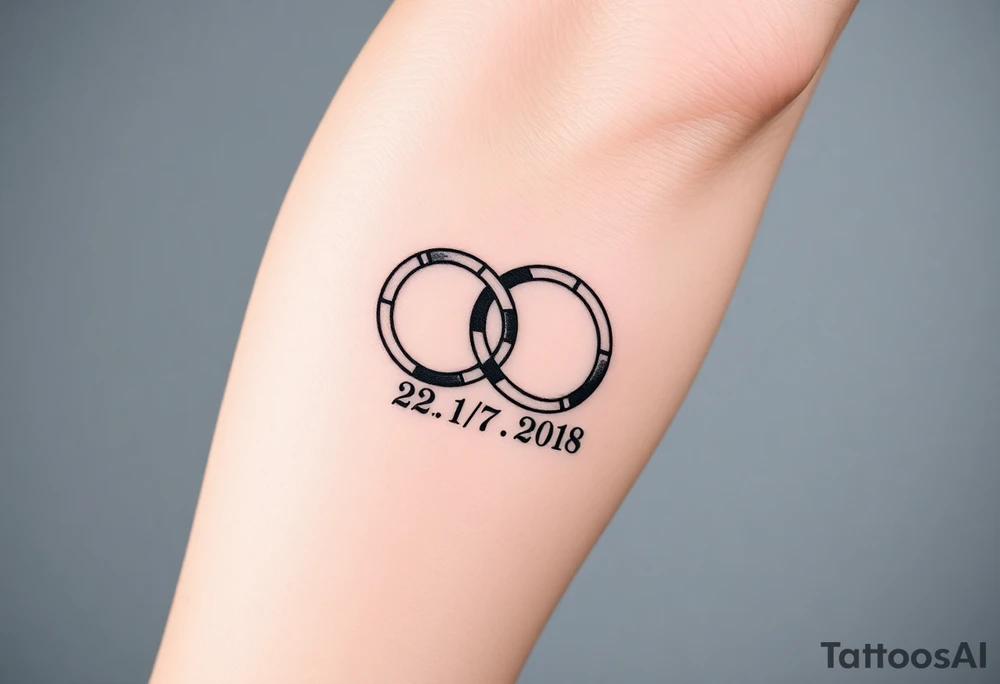two wedding rings as symbol of infinity with date 22. 7. 2018 tattoo idea