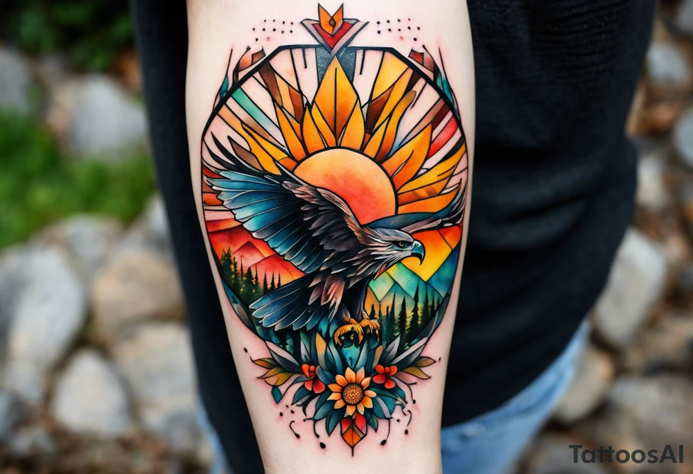 Small Watercolor inside arm tattoo, 4 inches. Black kite (Daya's name), nature (trees/flowers), rock/metal vibe (bold lines), sunflower. Bright colors! tattoo idea
