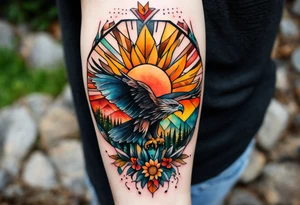 Small Watercolor inside arm tattoo, 4 inches. Black kite (Daya's name), nature (trees/flowers), rock/metal vibe (bold lines), sunflower. Bright colors! tattoo idea