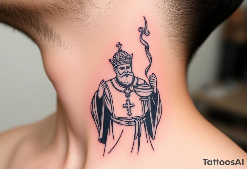 Russian Orthodox Priest in a fully detailed gold vestment swinging a censer with smoke curling upward tattoo idea