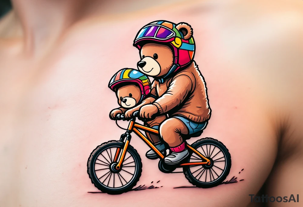A bear and cub riding a bike together, drawn in simple round shapes with brown fur and colorful helmets. tattoo idea