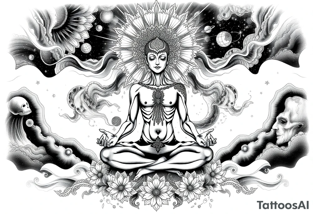 a figure sitting in lotus position meditating based on the lyrics “doing time in the universal mind” by the doors - with a psychedelic trippy background as the meditation expands out from his head into the universe / cosmos tattoo idea