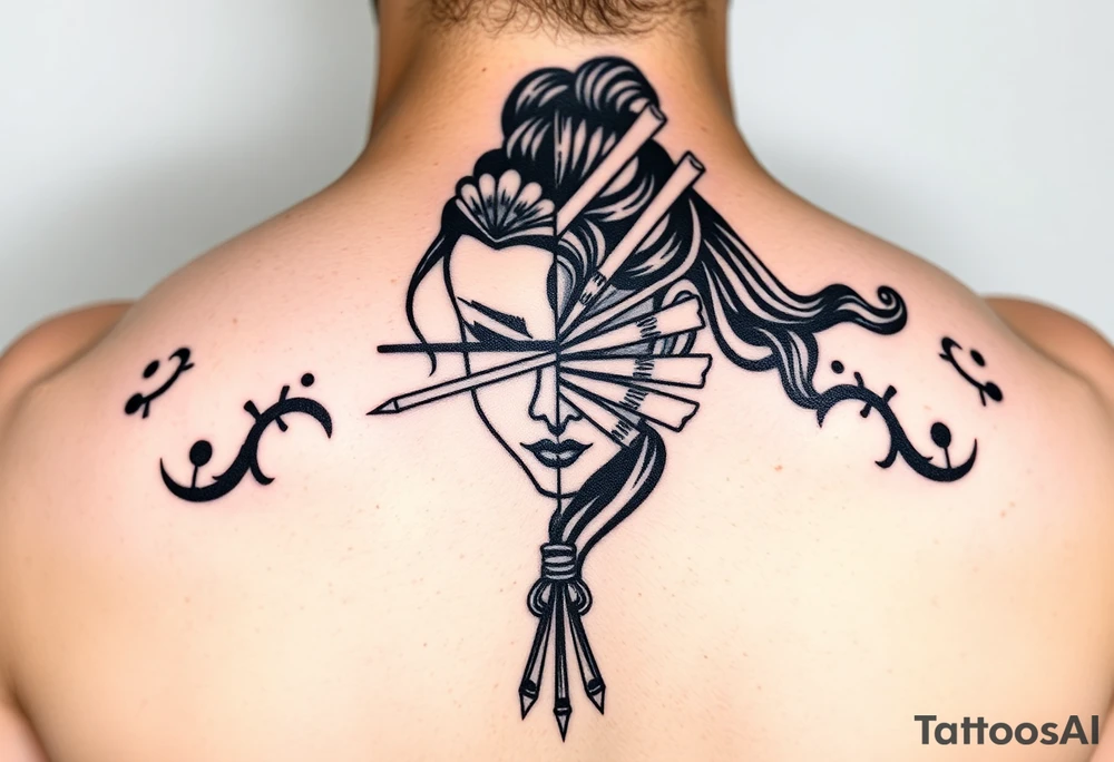 Samurai beauty  girl half face and half
 with a fan across her face tattoo idea
