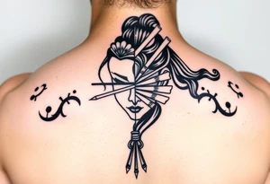 Samurai beauty  girl half face and half
 with a fan across her face tattoo idea