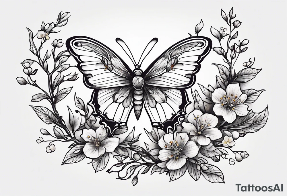 Winding branches and leaves and tiny flowers with a small moth tattoo idea
