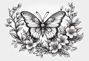 Winding branches and leaves and tiny flowers with a small moth tattoo idea