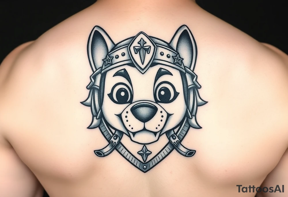 A realistic paw patrol print with a knight's crest, adorned with metallic details, symbolizing bravery and protection. tattoo idea