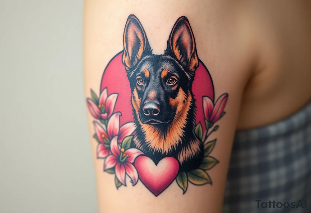 strong looking short haired german shepherd with alert ears surrounded by pink lilies with large leaves in front of a sacred heart tattoo idea